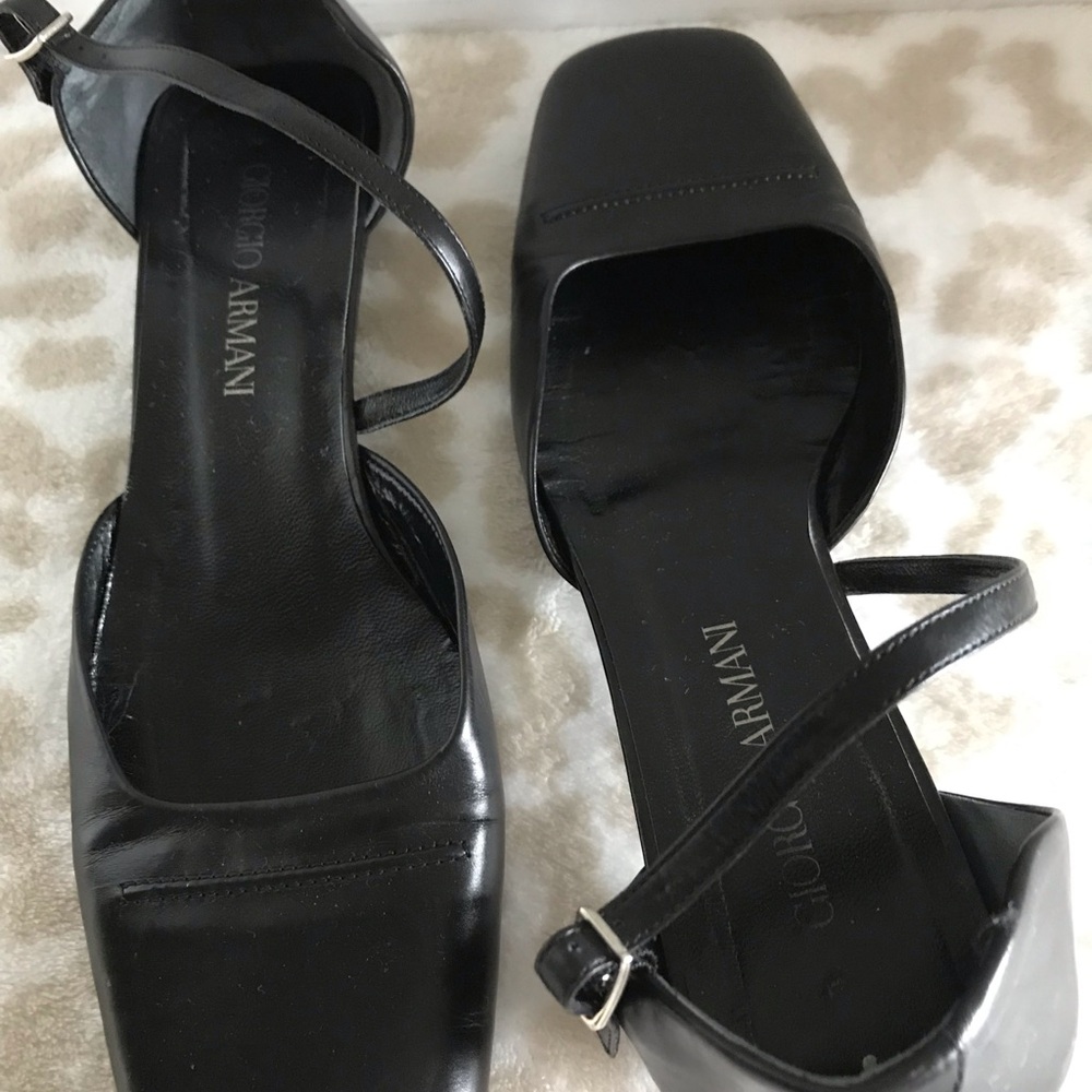 Giorgio Armani Black Leather Square-Toe Strappy Flats